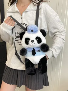 Süßer Cartoon Panda Plüsch Rucksack Für Kinder Kontrastfarbe Nähte Weicher Miniatur Schulranzen Reißverschlüsse Lässige Büchertasche Reise Urlaub Kindertag Geschenk