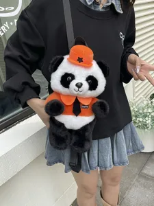 Niedlicher Panda Plüsch Rucksack mit orangefarbener Uniform, weiches Material, Kinder Tasche.