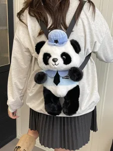 Süßer Panda Plüsch Rucksack für Kinder, Cartoon Stil farbblockierende weiche Schultasche chic.