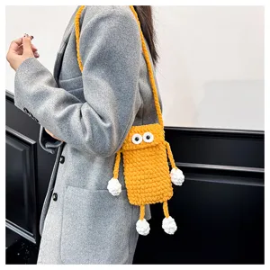 Handmade crochet phone bag cute yellow plush cross body bag for women casual daily use