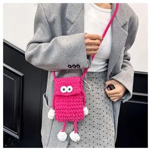 Handmade crochet cute big eye phone bag stylish pink crossbody shoulder bag for women daily