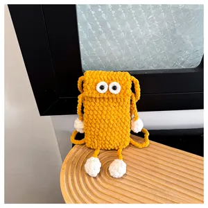 Handmade chunky knitted phone bag with cute big eyes yellow crossbody shoulder pouch