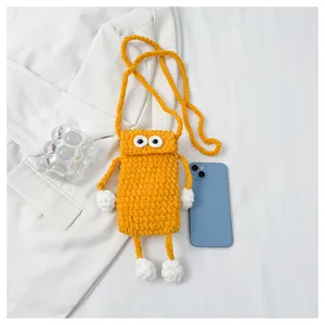 Handmade knitted mobile phone bag with cute big eyes and funny arms, stylish cross-body bag.