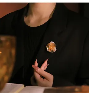 Vintage amber flower brooch baroque pearl lapel pin elegant sweater coat clothing jewelry