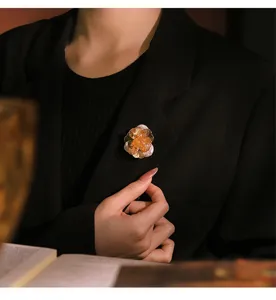 Vintage flower brooch with baroque pearl and natural stone, elegant coat sweater pin.