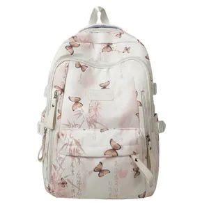 Literarischer Schülerrucksack für Mädchen mit Schmetterlings- und Kalligrafie-Druck, groß.