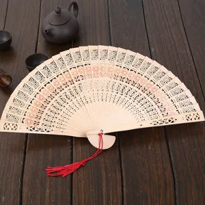 Handheld Wooden Folding Fan Hollow Carved Sunflower Pattern Craft Fan