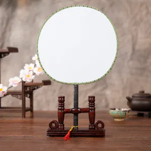 Blank palace fan round fan with wooden stand for DIY painting art student craft supplies