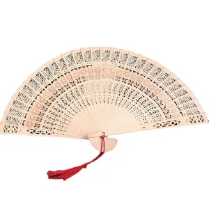 8 Inch Wooden Folding Fan Hollow Carved Floral Craft Gift Fan with Red Tassel Home Decor