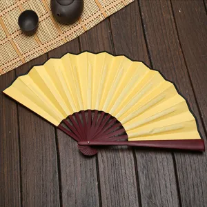 Éventail pliant main soie jaune baleines bois DIY vierge art artisanat cadeau 10 pouces