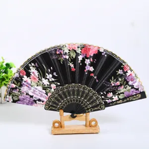 Elegant black floral folding silk fan for women, traditional dance hand fan with wooden stand