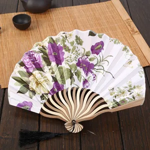 Chinese Style Folding Fan Bamboo Bone Shell Fan Floral Printed Hand Fan With Tassel Vintage Summer Cooling Fan
