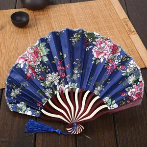 Chinese style folding fan women vintage floral hand fan wooden rib with blue tassel