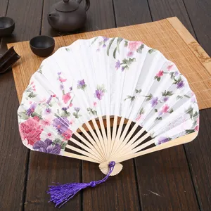 Traditional Chinese folding fan with floral print, wooden ribs and elegant purple tassel.