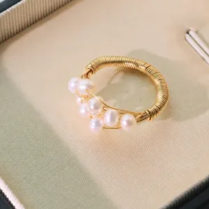 Natural freshwater pearl wire wrapped ring 18k gold plated versatile stackable jewelry