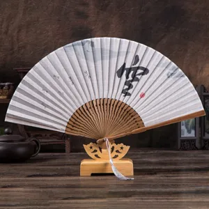 Vintage Chinese Style Folding Fan Linen Fabric Bamboo Ribs Portable Hand Fan For Summer Cooling Home Decor Men Gift