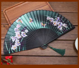 Chinese style folding silk fan with elegant orchid and butterfly print for dance and gift.