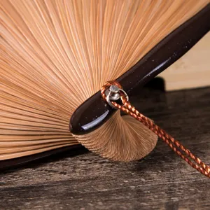 Close-up detail of traditional wooden folding fan with lacquer ribs and elegant hanging cord.