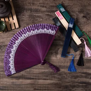 Chinese vintage folding fan lace hollow bamboo hand fan with beautiful tassel for women