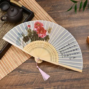 Chinese vintage folding silk fan with floral painting, elegant dance hand fan for women.