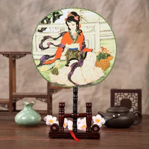Classical Round Palace Fan Antique Court Hand Fan Silk Cloth Wooden Handle Traditional Chinese Dance Prop Home Decor