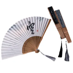 Men linen folding fan Chinese style bamboo hand fan with tassel premium gift folding fan