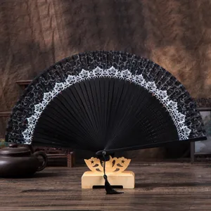 Elegant 42-rib lace folding fan with stand, Chinese vintage style hand fan for women.