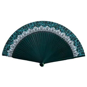 Elegant folding hand fan with lace trim and floral print, perfect for traditional summer style.
