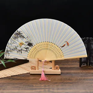 Chinese Style Folding Fan Bamboo Frame Satin Fabric Hand Held Flower Pattern Fan With Tassel For Summer Dance Party Women