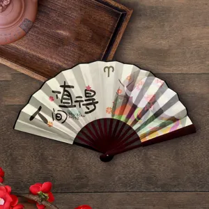 Eventail pliant de style chinois à côtes noires de 10 pouces avec illustration