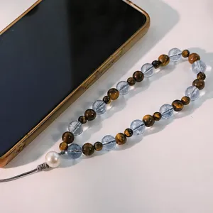 Cadena de teléfono de ojo de tigre perla natural vidrio colgante de cuentas cordón elegante