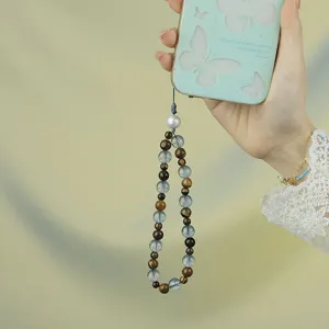 Correa para teléfono de ojo de tigre natural y cuentas de vidrio, elegante cordón para mujeres.
