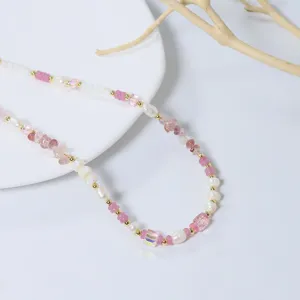Elegante Perlenkette mit rosa Kristallen und goldenen Abstandsperlen fur Damen Schmuck.