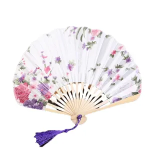 Chinese style floral folding hand fan with elegant purple tassel for summer women.