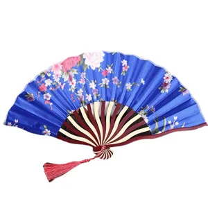 Chinese style women folding fan with floral silk fabric and wooden ribs main view