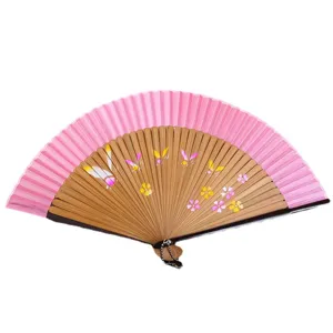 Elegant women folding fan with bamboo ribs and pink floral butterfly printed fabric surface.