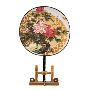 Éventail rond traditionnel chinois à motif de pivoine avec support en bois, beau cadeau.