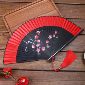 Chinese style folding fan with red black plum blossom, ideal for Hanfu photography props.