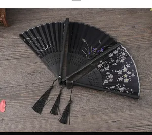 Vintage Chinese folding silk fan with tassel retro black dance fan elegant gift decor.