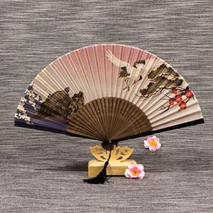 Chinese Vintage Folding Silk Fan Bamboo Handheld Fan Traditional Landscape Floral Art Craft Home Decor Women Gift