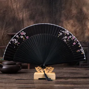 Traditional Japanese Folding Fan Silk Bamboo Black Cherry Blossom Decorative Fan With Tassel And Stand For Home Decor