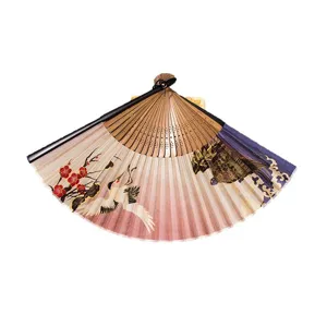 Traditional Chinese style folding silk fan with matte paint handle elegant crane plum design