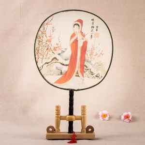 Traditional Chinese silk round fan with wooden stand antique plum blossom art decor 1pc