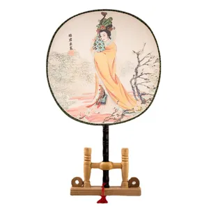 Traditional Chinese silk court fan with wooden stand, elegant ancient beauty design for gift.