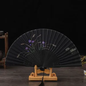 Retro silk folding fan with elegant purple floral design, perfect for dancing, qipao and gifts.