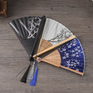 Vintage folding silk fan retro bamboo cherry blossom craft hand fan for dance gift