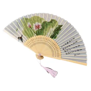 Traditional Chinese folding fan with lotus painting, bamboo ribs, and pink tassel for summer.