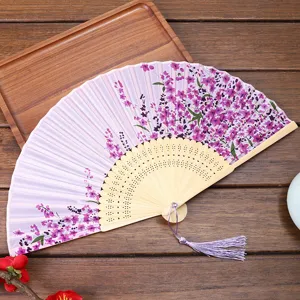 Chinese Style Silk Folding Fan Handheld Vintage Bamboo Hollow Carved Hand Fan For Dancing Hanfu Party Gift