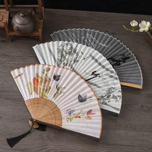 Chinese Style Folding Fan Linen Fabric Bamboo Ribs With Tassel Handmade Vintage Decorative Fan For Gift Home Decor