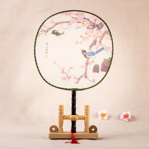 Eventail rond en soie traditionnelle chinoise avec support en bois art oiseau fleurs
